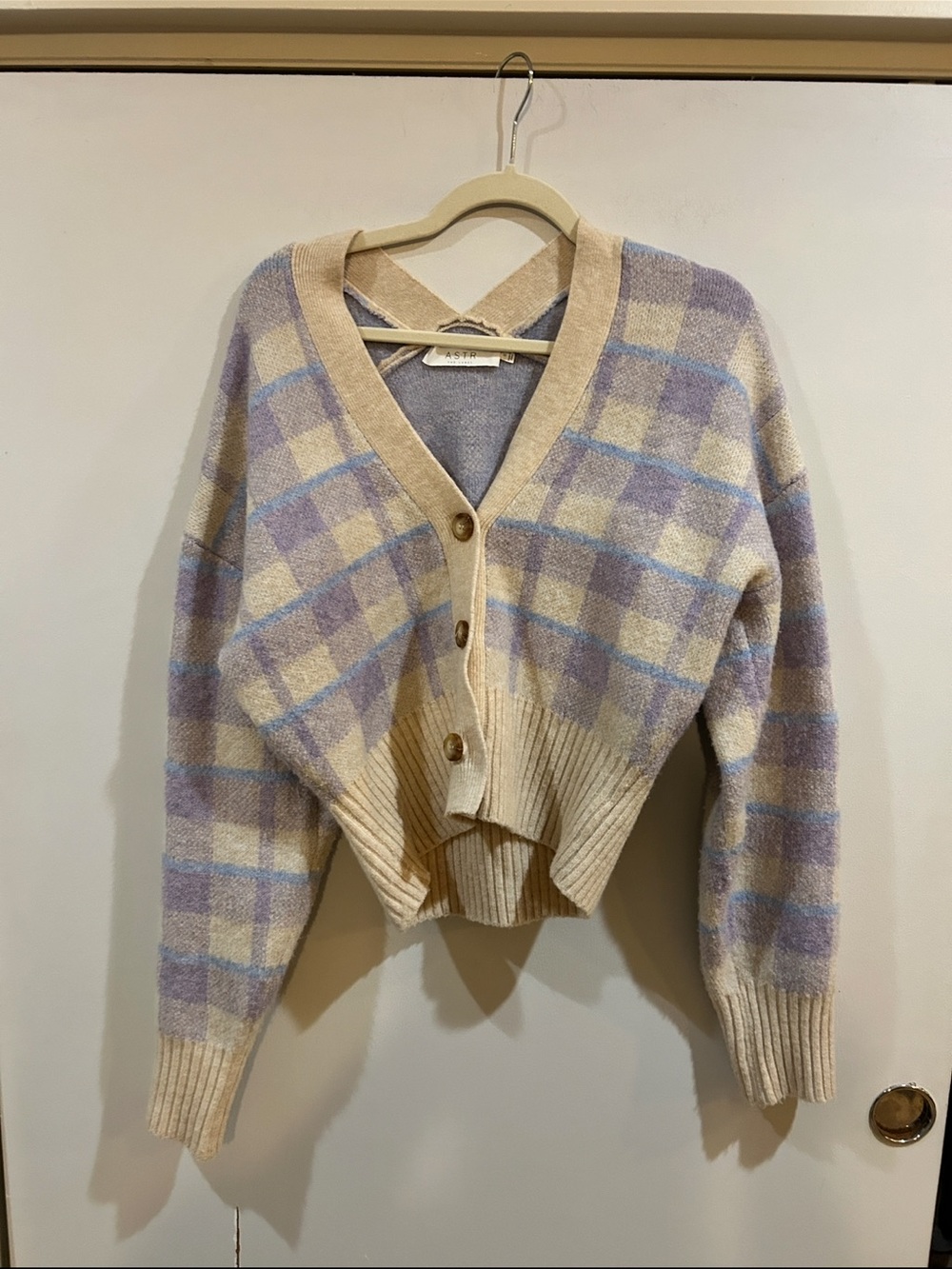 Astr Plaid Cropped Cardigan in Cream and Lavender